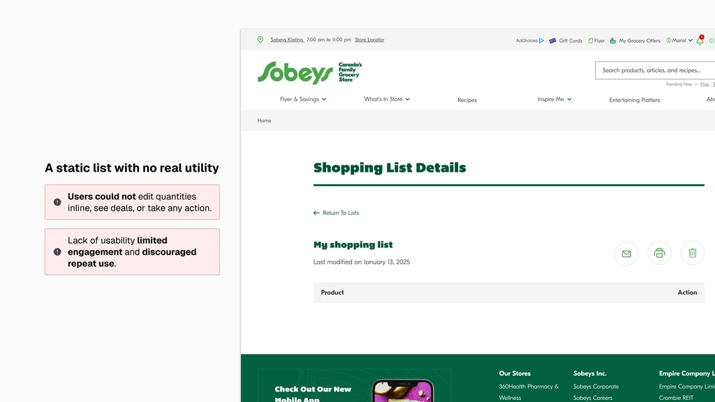 Before: Static shopping list with no utility